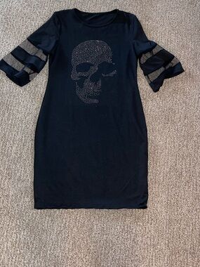 Source Unknown Black Mini Dress with Crystal Skull and Sheer Tiered Sleeves